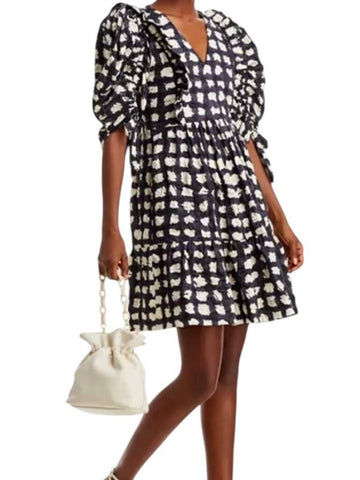 *Sea NY Ginger Gingham Cotton Seersucker Ruched Tie Elbow Sleeve V-Neck Mini Dress, Size S