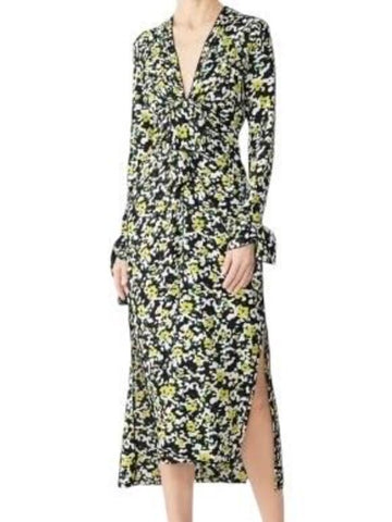 *Proenza Schouler Crepe Floral Long Sleeve V-Neck Knot Draped Front Midi Dress, Size 6