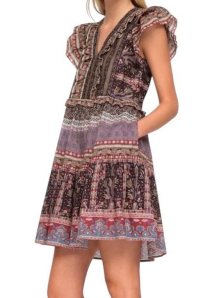 *Sea NY Brooke Border Cotton Mixed Floral Flutter Sleeve V-Neck Ruffle Trim Mini Dress, Size S