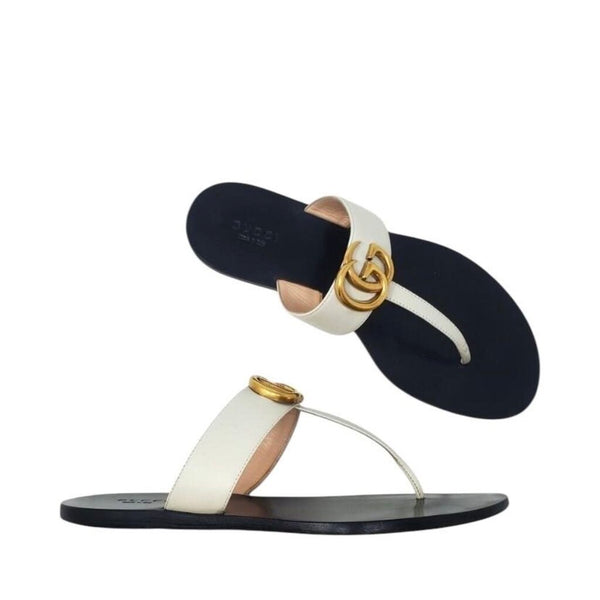 ^Gucci Lifford Double GG Marmont Logo Leather T-Strap Thong Flat Sandals w/Box, Size 38