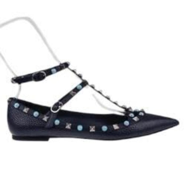 *Valentino Garavani Rolling Cage Ballerina Leather Rockstud Pointed Toe T-Bar Ballet Flats, Size 37.5