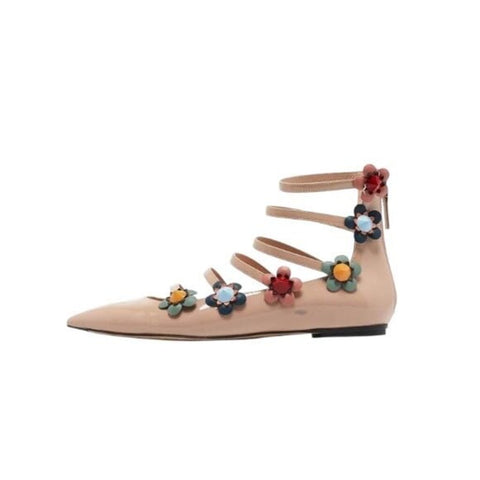 *Fendi Flowerland Patent Leather Floral Trim Pointed Toe Ankle Cage Ballet Flats, Size 37
