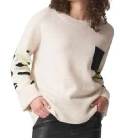 *Brodie Cashmere Lynx Leopard Cuffed Sleeve Crew Neck Pullover Sweater, Size S