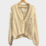 *Ulla Johnson Lilo Wool & Llama Chunky Popcorn Pom Pom Cable Knit V-Neck Cardigan Sweater, Size M