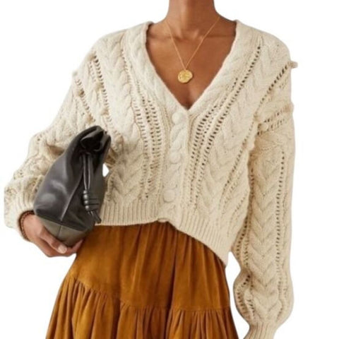 *Ulla Johnson Lilo Wool & Llama Chunky Popcorn Pom Pom Cable Knit V-Neck Cardigan Sweater, Size M