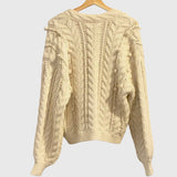 *Ulla Johnson Lilo Wool & Llama Chunky Popcorn Pom Pom Cable Knit V-Neck Cardigan Sweater, Size M