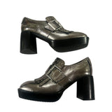 *ALLSAINTS Zia Distressed Metallic Leather Studded Fringe Buckle 3" Stacked Heel Loafers, Size 38