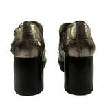 *ALLSAINTS Zia Distressed Metallic Leather Studded Fringe Buckle 3" Stacked Heel Loafers, Size 38