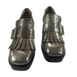 *ALLSAINTS Zia Distressed Metallic Leather Studded Fringe Buckle 3" Stacked Heel Loafers, Size 38