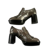 *ALLSAINTS Zia Distressed Metallic Leather Studded Fringe Buckle 3" Stacked Heel Loafers, Size 38