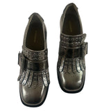 *ALLSAINTS Zia Distressed Metallic Leather Studded Fringe Buckle 3" Stacked Heel Loafers, Size 38