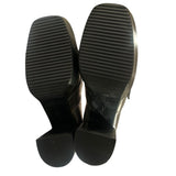 *ALLSAINTS Zia Distressed Metallic Leather Studded Fringe Buckle 3" Stacked Heel Loafers, Size 38