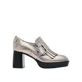 *ALLSAINTS Zia Distressed Metallic Leather Studded Fringe Buckle 3" Stacked Heel Loafers, Size 38