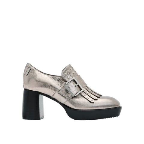 *ALLSAINTS Zia Distressed Metallic Leather Studded Fringe Buckle 3" Stacked Heel Loafers, Size 38