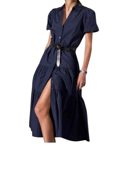 *Brochu Walker Havana Short Puff Sleeve Collared V-Neck Button-Up Tiered Midi Dress, Size XS