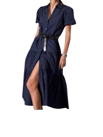 *Brochu Walker Havana Short Puff Sleeve Collared V-Neck Button-Up Tiered Midi Dress, Size XS