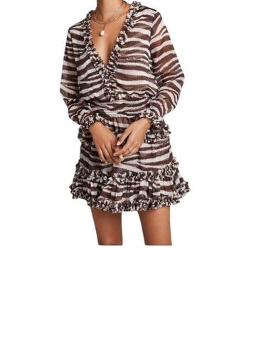 ^MISA Chiffon Zebra Stripe Long Sleeve Deep V-Neck Rufle Trim Tiered Mini Dress, Size L