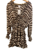 *MISA Chiffon Zebra Stripe Long Sleeve Deep V-Neck Rufle Trim Tiered Mini Dress, Size L