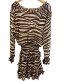 *MISA Chiffon Zebra Stripe Long Sleeve Deep V-Neck Rufle Trim Tiered Mini Dress, Size L