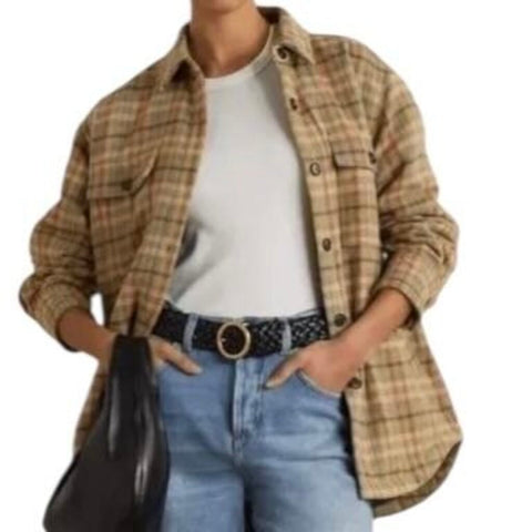 ^THE GREAT. The State Park Plaid Flannel Quilted Lining Button-Up Shirt Jacket Shacket, Size 1=US S