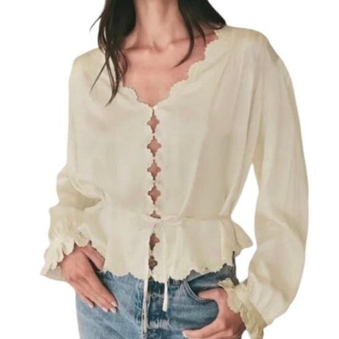 ^Doen Heirloom Elayne Silk Embroidered Long Sleeve V-Neck Button-Up Tie-Waist Blouse Top, Size