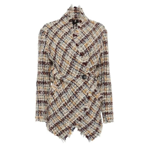 *Isabel Marant Wool Tweed Asymmetric One-Button Fringe Trim Wrap Blazer Jacket, Size FR 36=US 4