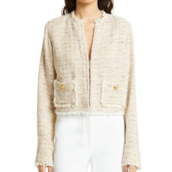 *Ramy Brook Diaz Cotton Tweed Collarless Crew Neck Fringe Trim Lady Jacket, Size 6