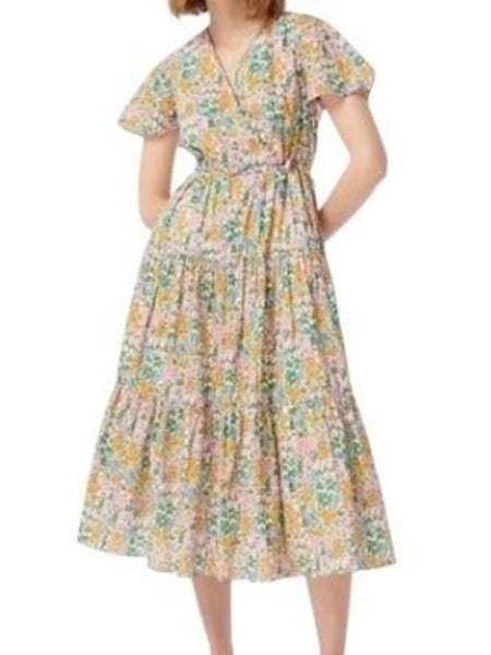 *J. Crew + Liberty Cotton Mini Floral Walk Short Sleeve V-Neck Faux Wrap Midi Dress, Size 4