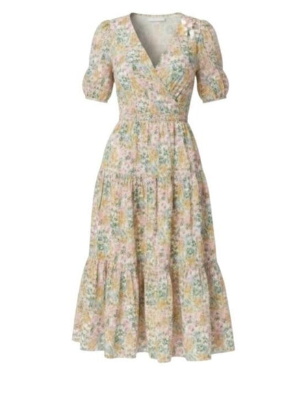 *J. Crew + Liberty Cotton Mini Floral Walk Short Sleeve V-Neck Faux Wrap Midi Dress, Size 4