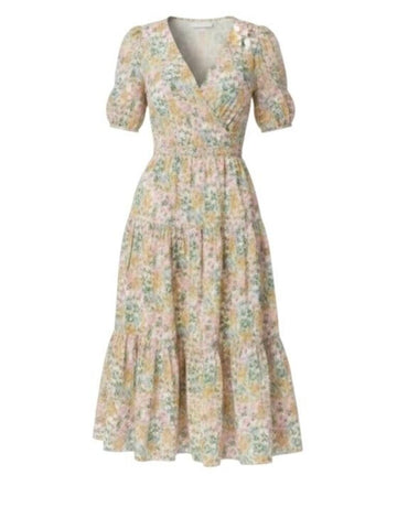*J. Crew + Liberty Cotton Mini Floral Walk Short Sleeve V-Neck Faux Wrap Midi Dress, Size 4
