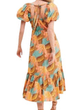 *Cleobella Jesse Cotton Riviera Floral Puff Sleeve Elastic V-Neck Tie-Back Midi Dress, Size S