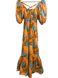 *Cleobella Jesse Cotton Riviera Floral Puff Sleeve Elastic V-Neck Tie-Back Midi Dress, Size S