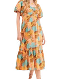 *Cleobella Jesse Cotton Riviera Floral Puff Sleeve Elastic V-Neck Tie-Back Midi Dress, Size S