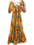 *Cleobella Jesse Cotton Riviera Floral Puff Sleeve Elastic V-Neck Tie-Back Midi Dress, Size S