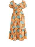 *Cleobella Jesse Cotton Riviera Floral Puff Sleeve Elastic V-Neck Tie-Back Midi Dress, Size S