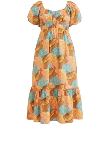 *Cleobella Jesse Cotton Riviera Floral Puff Sleeve Elastic V-Neck Tie-Back Midi Dress, Size S