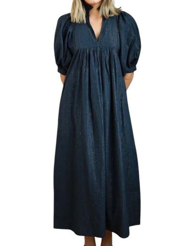 *Never A Wallflower Cotton Metallic Seersucker Puff Sleeve High Ruffle Split Neck Midi Dress, Size XS