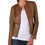 *Vince Leather Whipstitch Inset Trim Collarless Zip Front Jacket, Size M