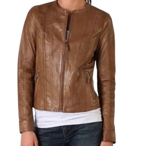 *Vince Leather Whipstitch Inset Trim Collarless Zip Front Jacket, Size M