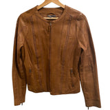 *Vince Leather Whipstitch Inset Trim Collarless Zip Front Jacket, Size M