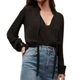 *Veronica Beard Louama Silk Crepe de Chine Long Sleeve Tie-Neck Ruffle Trim Blouse Top, Size 6