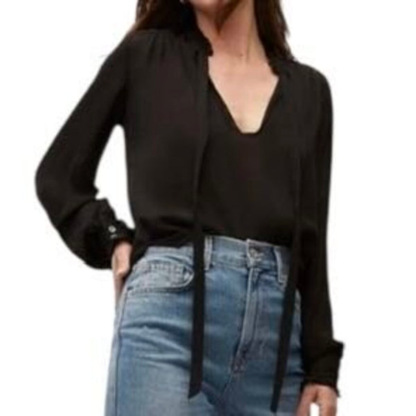 *Veronica Beard Louama Silk Crepe de Chine Long Sleeve Tie-Neck Ruffle Trim Blouse Top, Size 6
