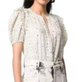 *Ulla Johnson Leya Geometric Print Short Puff Sleeve Tie Split Neck Ruffle Trim Blouse Top, Size XS