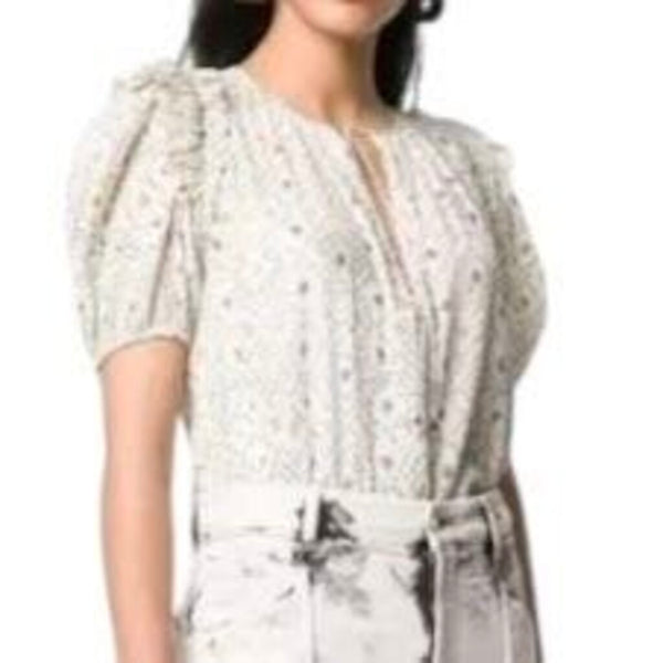 *Ulla Johnson Leya Geometric Print Short Puff Sleeve Tie Split Neck Ruffle Trim Blouse Top, Size XS