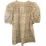 *Ulla Johnson Leya Geometric Print Short Puff Sleeve Tie Split Neck Ruffle Trim Blouse Top, Size XS
