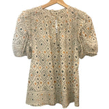 *Ulla Johnson Leya Geometric Print Short Puff Sleeve Tie Split Neck Ruffle Trim Blouse Top, Size XS