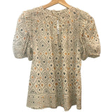 *Ulla Johnson Leya Geometric Print Short Puff Sleeve Tie Split Neck Ruffle Trim Blouse Top, Size XS
