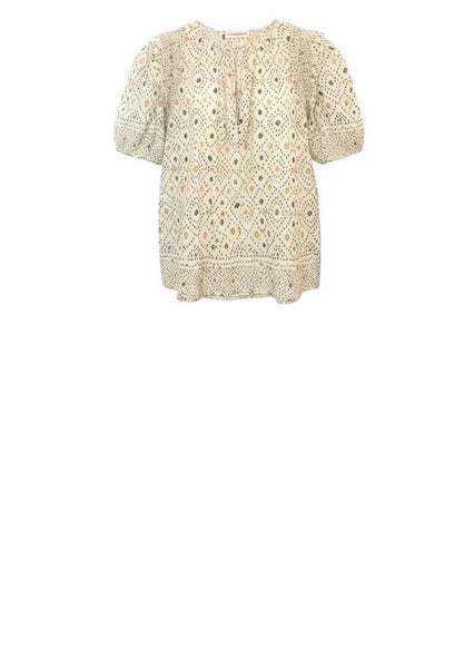 *Ulla Johnson Leya Geometric Print Short Puff Sleeve Tie Split Neck Ruffle Trim Blouse Top, Size XS