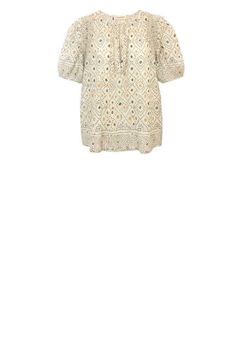 *Ulla Johnson Leya Geometric Print Short Puff Sleeve Tie Split Neck Ruffle Trim Blouse Top, Size XS