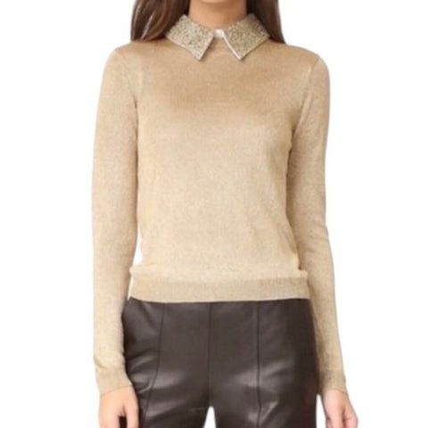 *Alice + Olivia Dia Metallic Contrast Removable Beaded Collar Pullover Sweater, Size XS